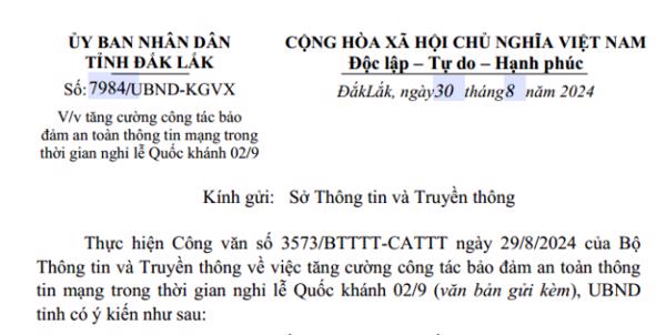 V/v tăng cường công tác bảo đảm an toàn thông tin mạng trong thời gian nghỉ lễ Quốc khánh 02/9 (241)