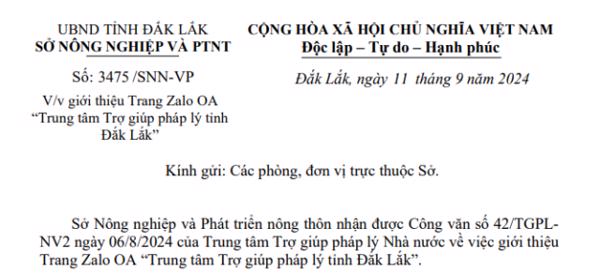 Công văn: Về việc giới thiệu Trang Zalo OA “Trung tâm Trợ giúp pháp lý tỉnh Đắk Lắk” (235)