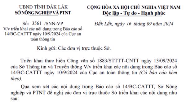 Công văn: Về việc triển khai các nội dung trong Báo cáo số 14/BC-CATTT ngày 10/9/2024 của Cục an (244)