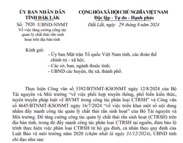 Công văn: Về việc tăng cường công tác quản lý chất thải rắn sinh hoạt trên địa bàn tỉnh (231)