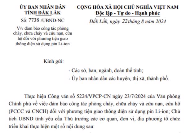 Công văn: Về việc đảm bảo công tác phòng cháy, chữa cháy và cứu nạn, cứu hộ đối với phương tiện giao thông điện sử dụng pin Li-ion (220)