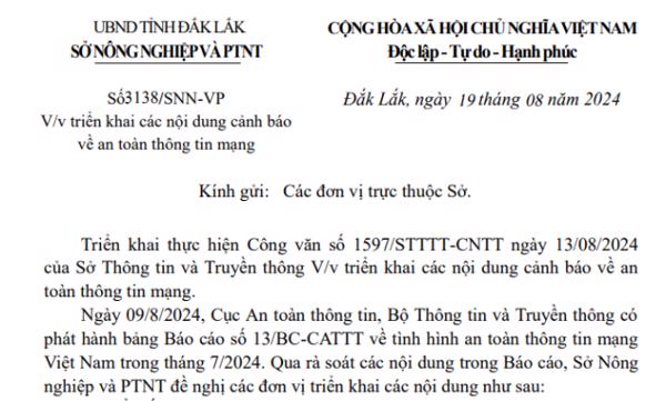 Công văn: Về việc triển khai các nội dung cảnh báo về an toàn thông tin mạng (206)