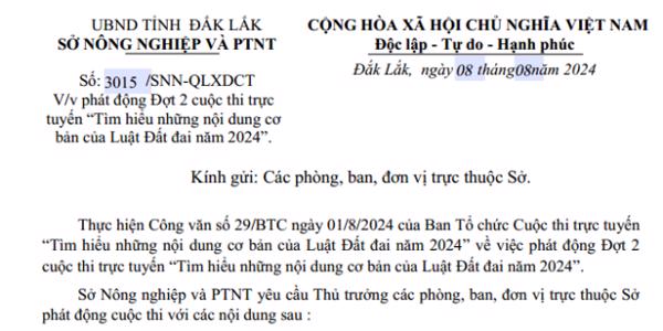 Công văn: Về việc phát động Đợt 2 cuộc thi trực tuyến “Tìm hiểu những nội dung cơ bản của Luật Đất đai năm 2024”. (193)