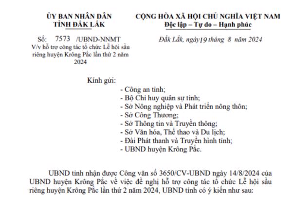 Công văn: Về viêc hỗ trợ công tác tổ chức Lễ hội sầu riêng huyện Krông Pắc lần thứ 2 năm 2024 (209)