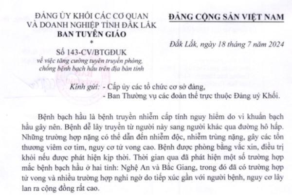 Công văn: Về việc tăng cường tuyên truyền phòng, chống bệnh bạch hầu trên địa bàn tỉnh (184)