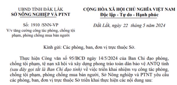 CÔNG VĂN: Về việc tăng cường công tác phòng, chống tội phạm, phòng chống mua bán người