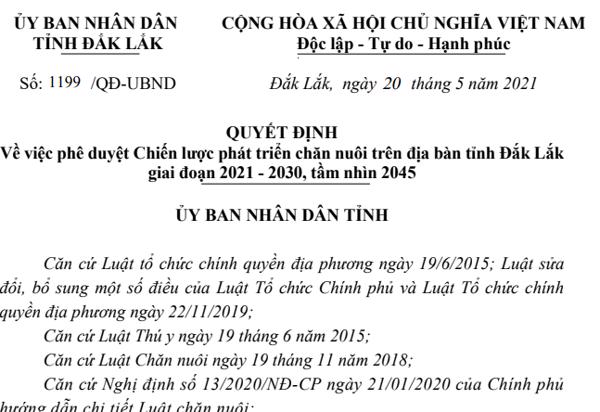 QUYẾT ĐỊNH  Về việc phê duyệt Chiến lược phát triển chăn nuôi trên địa bàn tỉnh Đắk Lắk  giai đoạn 2021 - 2030, tầm nhìn 2045