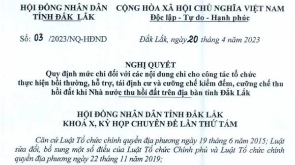  Quy định mức chi đối với các nội dung chi cho công tác tổ chức bồi thường, tái định cư cưỡng chế, thu hồi đất Nhà nước trên địa bàn tỉnh