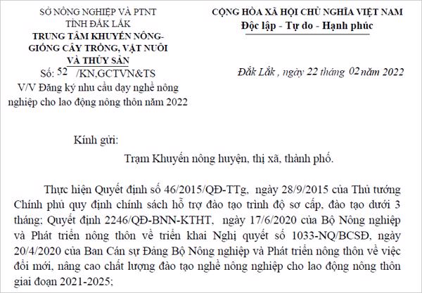 Công văn: V/V Đăng ký nhu cầu dạy nghề nông nghiệp cho lao động nông thôn năm 2022