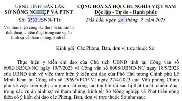 Công văn: Về việc thực hiện công tác thu hồi tài sản bị thất thoát, chiếm đoạt trong các vụ án hình sự về tham nhũng, kinh tế.