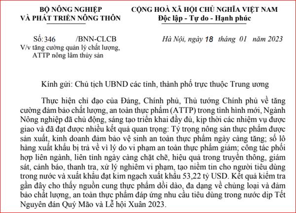 CÔNG VĂN: Tăng cường quản lý chất lượng, ATTP nông lâm thủy sản