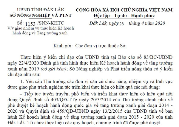 VB - Sở Nông nghiệp: Giao nhiệm vụ thực hiện Kế hoạch hành động về Tăng trưởng xanh