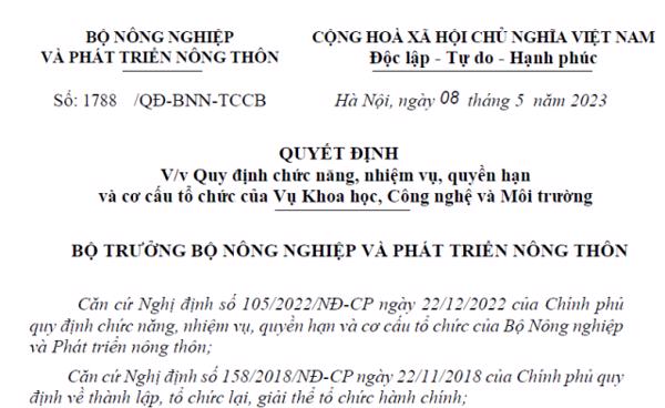 QUYẾT ĐỊNH: Về việc  Quy định chức năng, nhiệm vụ, quyền hạn và cơ cấu tổ chức của Vụ Khoa học, Công nghệ và Môi trường