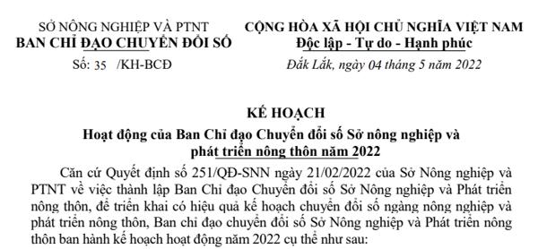 KẾ HOẠCH  Hoạt động của Ban Chỉ đạo Chuyển đổi số Sở nông nghiệp và  phát triển nông thôn năm 2022