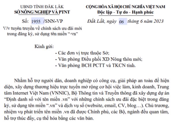 CÔNG VĂN: Về việc tuyên truyền về chính sách ưu đãi mới trong đăng ký, sử dụng tên miền “⋅vn”