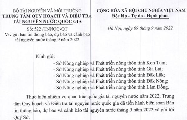 Bản tin thông báo, dự báo và cảnh báo tài nguyên nước tháng 9 năm 2022