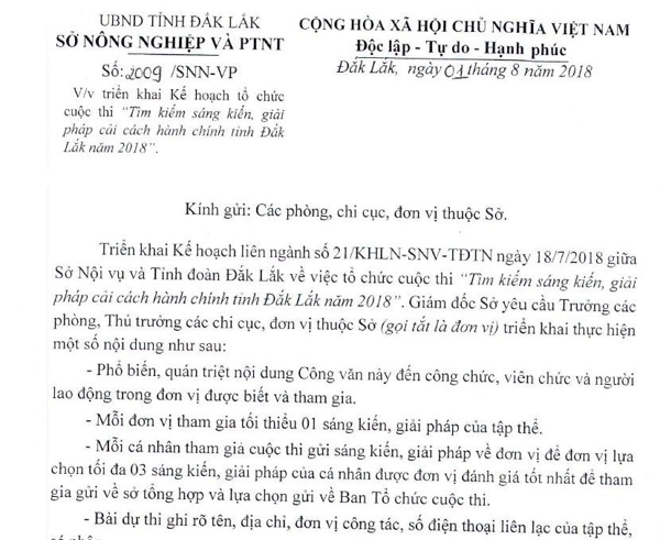 Về việc triển khai Kế hoạch tổ chức cuộc thi " Tìm kiếm sáng kiến, giải pháp cải cách hành chính tỉnh Đắk Lắk năm 2018"