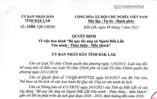 Quyết định của UBND tỉnh V/v ban hành "Bộ quy tắc ứng xử Người Đắk Lắk Văn minh - Thân thiện - Mến khách" 