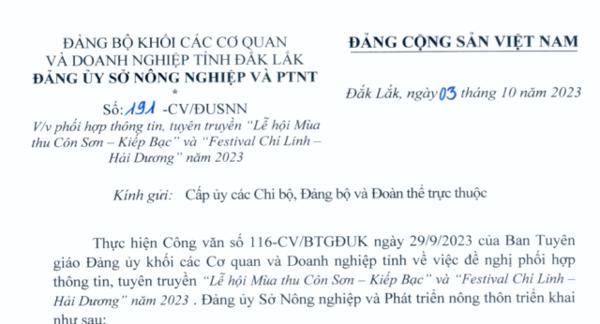 Công văn: Về việc phối hợp thông tin, tuyên truyền " Lễ hội Mùa thu Côn Sơn - Kiếp Bạc" và "Festival Chí Linh - Hải Dương" năm 2023