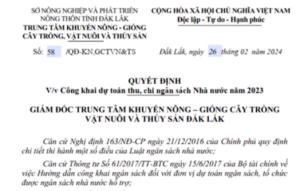 QUYẾT ĐỊNH: Về việc công khai dự toán thu, chi ngân sách Nhà nước năm 2023