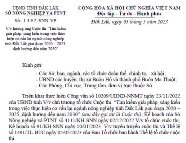  CÔNG VĂN: Hưởng ứng Cuộc thi “Tìm kiếm giải pháp, sáng kiến trong việc thực hiện cơ cấu lại ngành nông nghiệp tỉnh Đắk Lắk