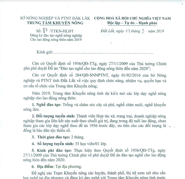 Trung tâm Khuyến nông thông báo tuyển sinh dạy nghề nông nghiệp cho lao động nông thôn 2019