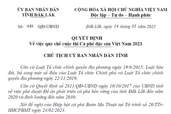 QUYẾT ĐỊNH: Về việc quy chế cuộc thi Cà phê đặc sản Việt Nam 2023