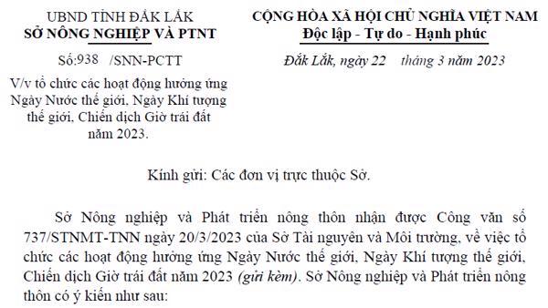 CÔNG VĂN: Về việc tổ chức các hoạt động hưởng ứng Ngày Nước thế giới, Ngày Khí tượng thế giới, Chiến dịch Giờ trái đất năm 2023.