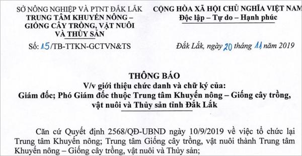 Thông báo chức danh và chữ ký Giám đốc; Phó giám đốc Trung tâm Khuyến nông - Giống cây trồng, vật nuôi và Thủy sản