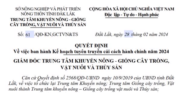 Quyết định: Về việc Ban hành Kế hoạch tuyên truyền cải cách hành chính năm 2024