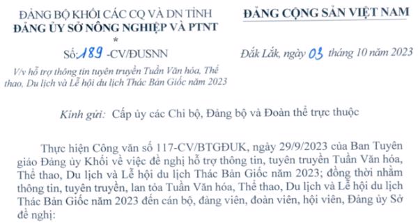 Công văn: Về việc hỗ trợ thông tin, tuyên truyền Tuần văn hoá, Thể thao, Du lịch và Lễ hội du lịch Thác Bản Giốc năm 2023