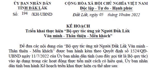 KẾ HOẠCH: Triển khai thực hiện “Bộ quy tắc ứng xử Người Đắk Lắk Văn minh - Thân thiện - Mến khách”