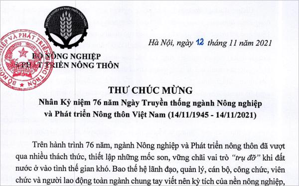 THƯ CHÚC MỪNG: Nhân Kỷ niệm 76 năm Ngày Truyền thống ngành Nông nghiệp và Phát triển Nông thôn Việt Nam (14/11/1945 - 14/11/2021)