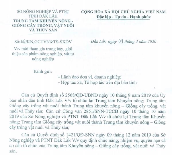 V/v mời tham gia trưng bày, giới thiệu sản phẩm nông nghiệp, vật tư nông nghiệp