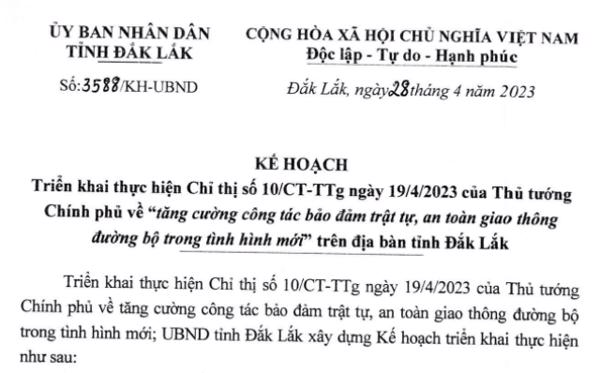 Kế hoạch:Triển khai thực hiện Chỉ thị số 10/CT-TTg ngày 19/4/2023 của Thủ tướng Chính phủ về "tăng cường công tác đảm bảo TTATGT ...