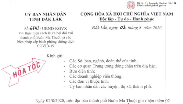 VB UBND tỉnh Đắk Lắk về việc Thực hiện cách ly xã hội đối với thành phố Buôn Ma Thuột và các biện pháp cấp bách phòng chống dịch COVID-I9