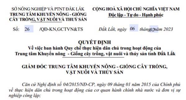 QUYẾT ĐỊNH:  V/v ban hành Quy chế thƣc ̣ hiên ̣ dân chủ trong hoaṭ đông của Trung tâm Khuyến nông - Giống cây trồng, vật nuôi và thủy sản