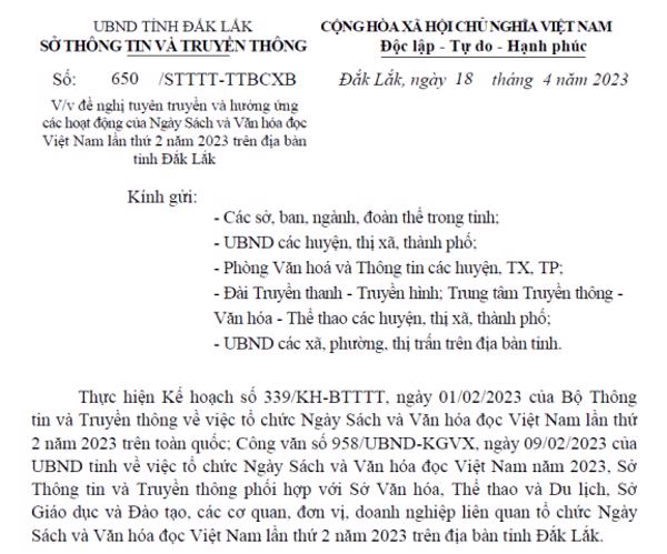 CÔNG VĂN: Tuyên truyền và hưởng ứng các hoạt động của Ngày Sách và Văn hóa đọc Việt Nam lần thứ 2 năm 2023 trên địa bàn tỉnh Đắk Lắk