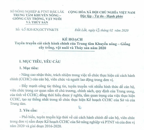 Kế hoạch tuyên truyền cải cách hành chính của Trung tâm Khuyến nông - Giống cây trồng, vật nuôi và Thủy sản năm 2020