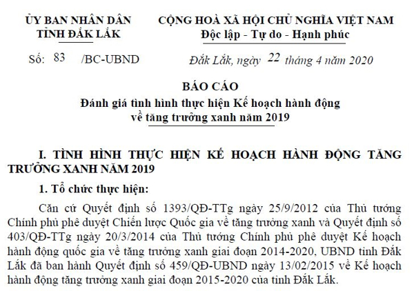  UBND tỉnh - Báo cáo đánh giá tình hình thực hiện Kế hoạch hành động về tăng trưởng xanh năm 2019