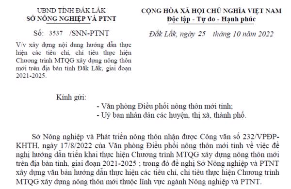 Hướng dẫn thực hiện các tiêu chí, chỉ tiêu thực hiện Chương trình MTQG xây dựng nông thôn mới trên địa bàn tỉnh Đắk Lắk, giai đoạn 2021-2025.