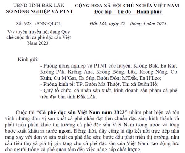 CÔNG VĂN: Về việc tuyên truyền nội dung Quy chế cuộc thi cà phê đặc sản Việt Nam 2023.