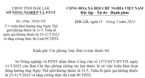 Công văn: Triển khai hưởng ứng Ngày Thế giới không thuốc lá 31/5, Tuần lễ quốc gia không thuốc lá 25-31/5/2023 và tăng cường thực thi Luật PCTHTL