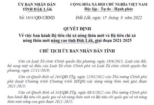 QUYẾT ĐỊNH: Về việc ban hành Bộ tiêu chí xã nông thôn mới và Bộ tiêu chí xã nông thôn mới nâng cao tỉnh Đắk Lắk, giai đoạn 2021-2025