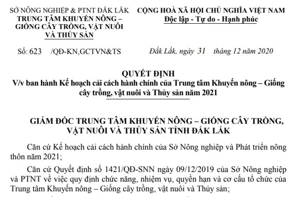 Quyết định ban hành Kế hoạch Cải cách hành chính năm 2021 của Trung tâm Khuyến nông - Giống cây trồng, vật nuôi và Thủy sản 