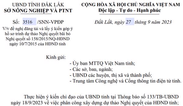 Công văn: Về việc đề nghị đăng tải và lấy ý kiến góp ý hồ sơ trình dự thảo NQ bãi bỏ Nghị quyết số 158/2015/NQ-HĐND ngày 10/7/2015 của HĐND tỉnh