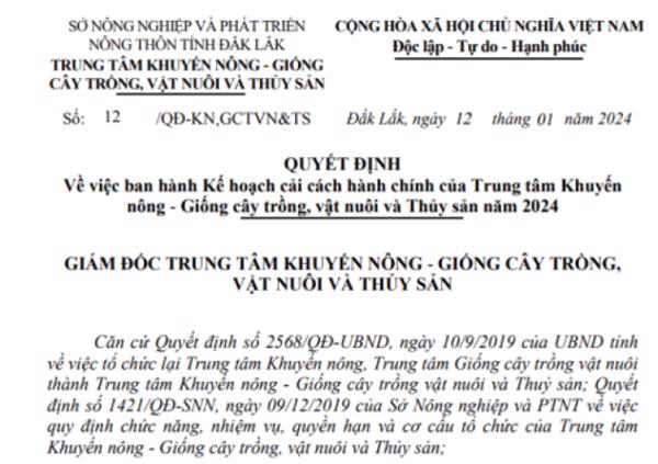 QUYẾT ĐỊNH: Về việc ban hành Kế hoạch cải cách hành chính của Trung tâm Khuyến nông - Giống cây trồng, vật nuôi và Thủy sản năm 2024