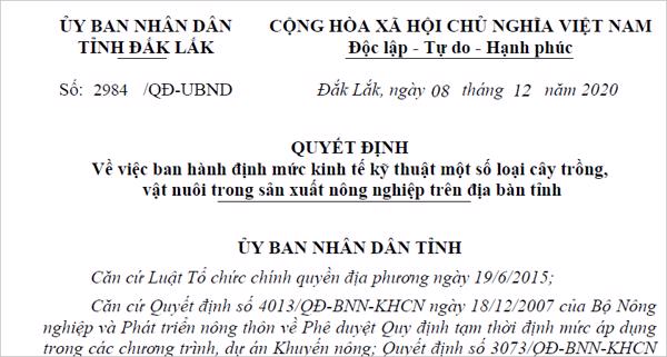 QUYẾT ĐỊNH: Về việc ban hành định mức kinh tế kỹ thuật một số loại cây trồng, vật nuôi trong sản xuất nông nghiệp trên địa bàn tỉnh