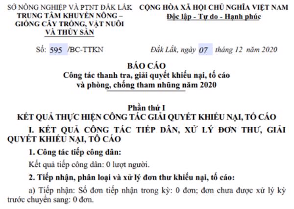 BÁO CÁO:  Công tác thanh tra, giải quyết khiếu nại, tố cáo và phòng, chống tham nhũng năm 2020