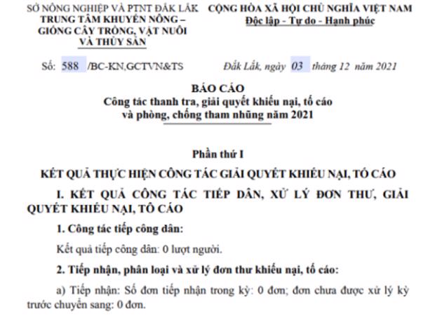 BÁO CÁO:  Công tác thanh tra, giải quyết khiếu nại, tố cáo và phòng, chống tham nhũng năm 2021